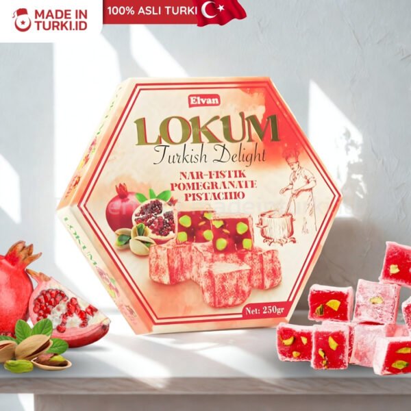 Elvan Lokum Pomegranate Pistachio Turkish Delight 250gr - Elvan Lokum Manisan Dodol Permen Delima Pistacio Turki